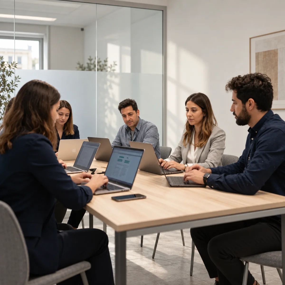 Equipo de una pequeña empresa trabajando alrededor de una mesa
